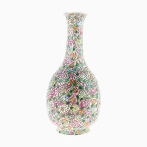 Jarrón botella chino antiguo de porcelana y cerámica Famille Rose Millefleur