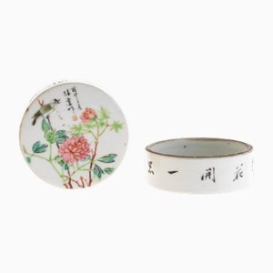 Chinese Hand Painted Famille Rose Porcelain Lidded Box with Perched Bird