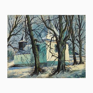 Winterszene Kapelle, Öl auf Leinwand, Gerahmt