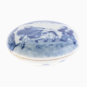 Antique Chinese Porcelain Ceramic Lidded Box in Glazed Blue and White