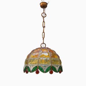 Vintage Chiseled Iron and Glass Pendant, 1960s