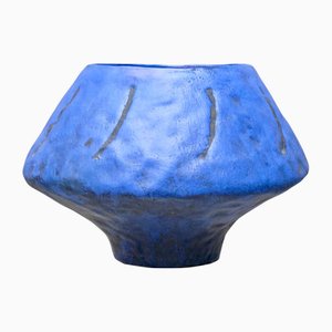 Skulpturale Vintage Schale aus blau glasierter Keramik von Marcello Fantoni, 1950er