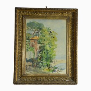 Ugo Matania, paysage méditerranéen, aquarelle originale