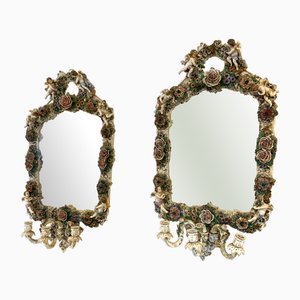 German Polychrome Porcelain Candleholder Mirrors, Set of 2