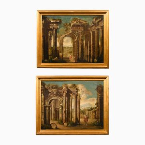 Follower of Niccolò Codazzi, Capricci Landscapes, 1700, Oil on Canvases, Framed, Set of 2