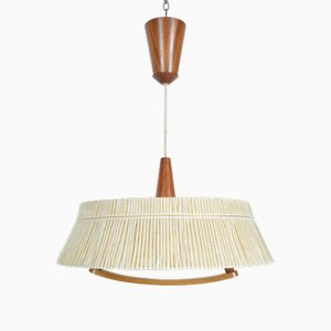 Moderne Midcentury Rise and Fall Hängelampe aus Teak & Geflecht von Temde Leuchten, 1960er