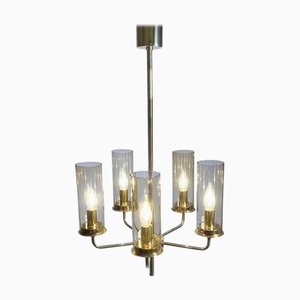 Lustre en Laiton avec Verre Fumé Soufflé à la Main par Hans Agne Jakobsson