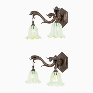Antique Brass Early Gec Twin Wall Bracket Lamps, 1890s, Set of 2