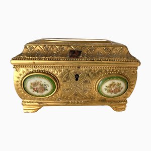 20th Century Jewelry Box in Gilded Bronze and Porcelain Plaques from Tahan