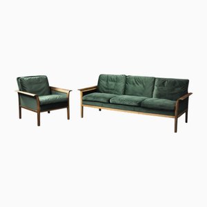 Vintage Norwegian Rosewood and Bottle Green Velour Sofa and Chair by Knut Sæter for Vatne Møbler, 1960s, Set of 2
