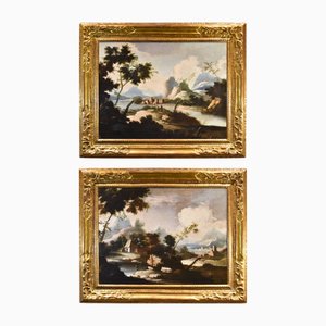 Circle of Marco Ricci, Landscapes, 1700, Oil on Canvases, Framed, Set of 2