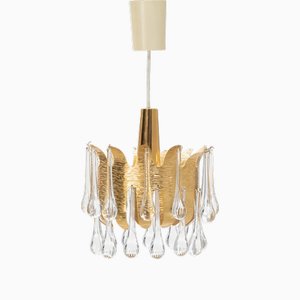 Palme & Walter Hanging Lamp in Golden Brass and Glass from Palwa, 1970s