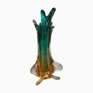 Jarrón Sommerso estilo Seguso escultural de cristal de Murano en verde y amarillo, años 70