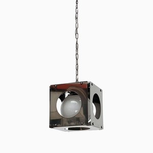 Mid-Century Modern Italian Space Age Cube Metal and Glass Pendant Lamp by Goffredo Reggiani for Reggiani, 1960s