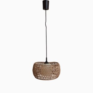 Vintage Hanging Lamp with Cream-White Glass Shade and Sisal Overshade, 1970s