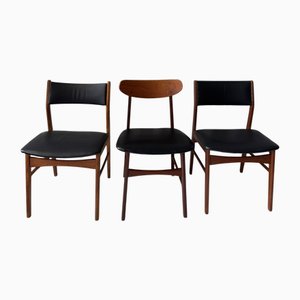 Sedie da pranzo con rivestimento in pelle nera e teak, Danimarca, anni '60, set di 3