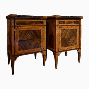 18th Century Louis XVI Italian Nightstands Cabinets with Marble Top, Marquetry, 1780, Set of 2