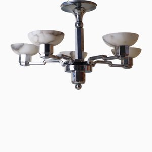 Lámpara de araña francesa Art Déco de alabastro y cromo de Jean Gauthier, 1930