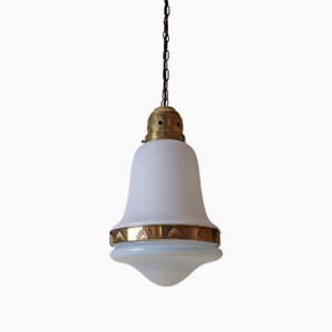 Art Nouveau Hanging Lamp in White Glass and Brass, 1920