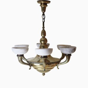 Lustre Cornucopia Art Nouveau en Albâtre et Laiton