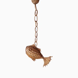 Mid-Century Modern French Wicker Fisch Celling Light, 1960s