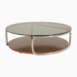 Smoked Glass Coffee Table in Chrome and Wood, Italy, 1970s