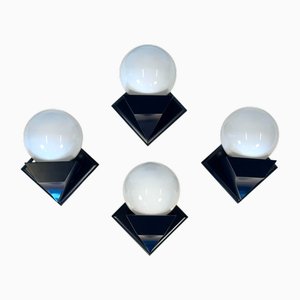 Vintage Wall Lamps in Blue Lacquered Wood and Opal Glass, 1940s, Set of 4
