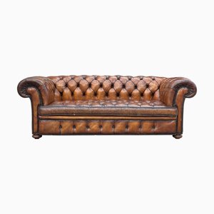 Antikes viktorianisches Drei-Sitzer Chesterfield Sofa aus Braunem Leder, 1890