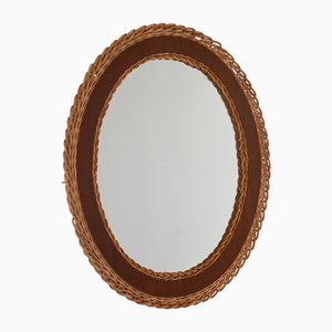 Oval Mirror in Teak and Woven Rattan, 1960s