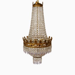 Vintage Empire Style Crystal Chandelier with Gold Brass Frame, 1950s