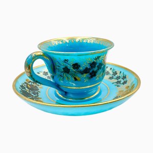 Soucoupe et Assiette Charles X en Opale Bleue Turquoise à Décor de Fleurs Peintes et Garnitures Dorées, 1830, Set de 2
