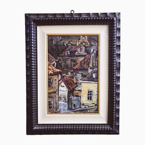 A. Bachenko, Paisaje urbano con techos, años 50, óleo sobre pintura, enmarcado