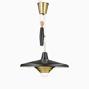 Lampe à Suspension en Métal Noir et Laiton, Suède, 1950