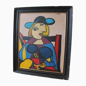 Composición moderna Mid-Century, pintura al óleo, años 50, enmarcado