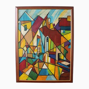 Mid-Century Modern Composition, Oil Painting, 1950s, Framed
