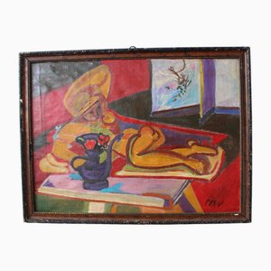 Mid-Century Modern Composition, Oil Painting, 1950s, Framed