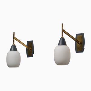Italian Brass and Grey-Lacquered Wall Sconces with Opaline Glass Shades, 1950s, Set of 2