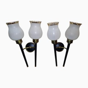 Gold and Black Wall Lights with White Glass Shade, 1970s, Set of 2