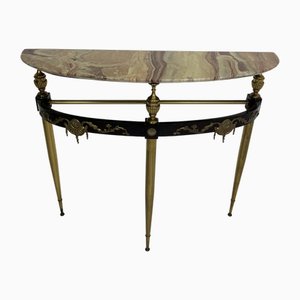 Consola Mid-Century moderna de latón con haya lacada y mármol, años 50