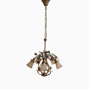 Deutsche Vintage Deckenlampe mit farbigem Blumendekor Metallrahmen und fünf leicht getönten Glasschirmen von Serpetaler Leuchten, 1990er