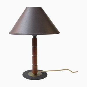 Moderne schwedische Tischlampe aus Teak & Messing mit schwarzem Schirm