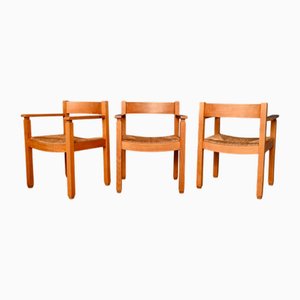 Brutalist French Armchairs in Elm and Straw, 1970s, Set of 3