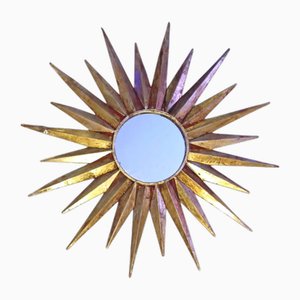 Vintage Sunburst Mirror with Gold and Iridescent Triangular Rays, 1990s