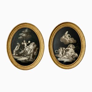 Medaglioni Grisaille grandi, 1750-1780, inizio XIX secolo, olio su tela, con cornice, set di 2