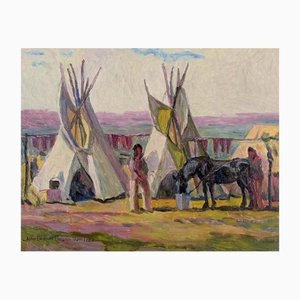 John E. Carlson, View of Camp with Natives, 1927, Oil Painting