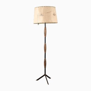 Art Deco Floor Lamp with Parchment Paper Lampshade and Painted Boats in the Style of Stilnovo