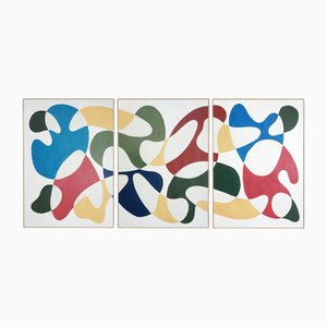 Ryan Rivadeneyra, Triptyque Courbes de Couleurs Primaires, 2025, Peinture Acrylique sur Papier