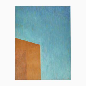 Nacho Reina, Architecture Brutaliste Industrielle en Bleu et Orange, 2025, Acrylique et Crayon sur Papier Aquarelle