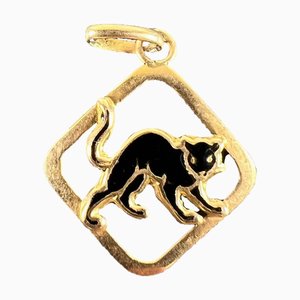 Vintage French Lucky Black Cat Charm Pendant in Enamel and 18 Karat Yellow Gold, 1920s