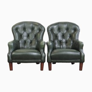 Poltrone Chesterfield stile inglese in pelle di vacchetta verde, set di 2